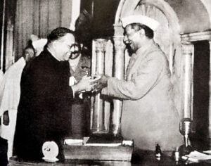 Dr. Babasaheb Ambedkar, chairman of the Drafting Committee, presenting the final draft of the Indian Constitution to Dr. Rajendra Prasad, President of constituent assembly on 25 November 1949. | Photo Credit: Mid-day Archive